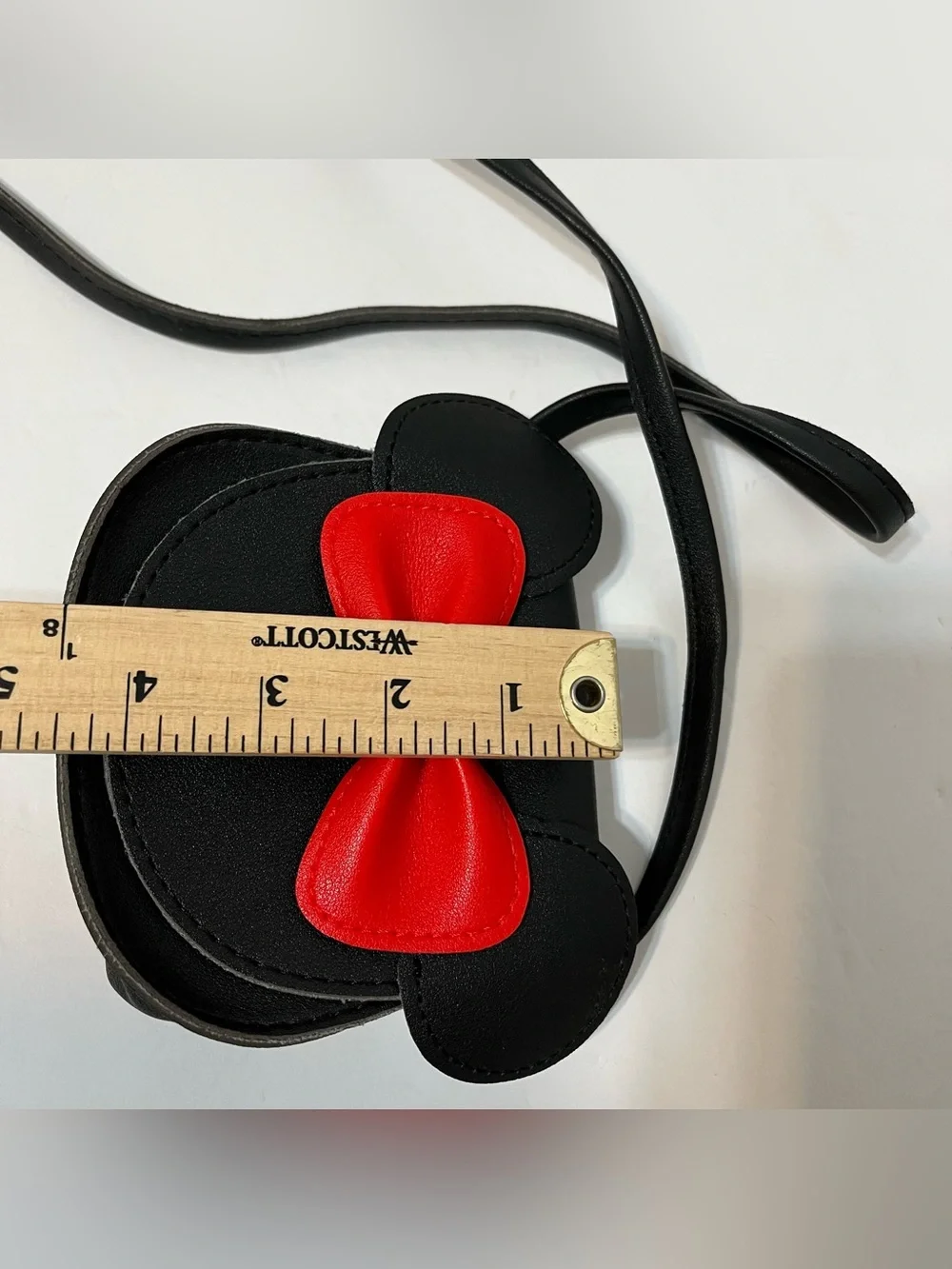 Black Leather Mouse Mini Crossbody Bag with Red Bow